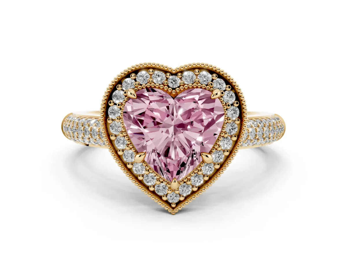 Fancy Pink Heart Cut Cut Halo Diamond Pave Band with Four-Prong Setting Yellow gold
