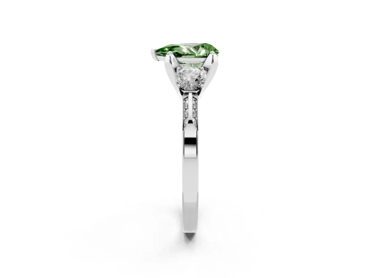 Fancy Green Pear Cut Brilliant Three-Stone Diamond Ring with Pavé Band and Four-Prong Setting Silver