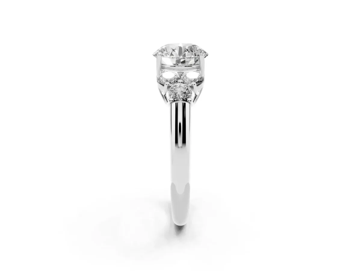 Round Cut Cut Diamond Cluster Ring with Round Accent Stones and Prong Setting on a Classic Band Silver