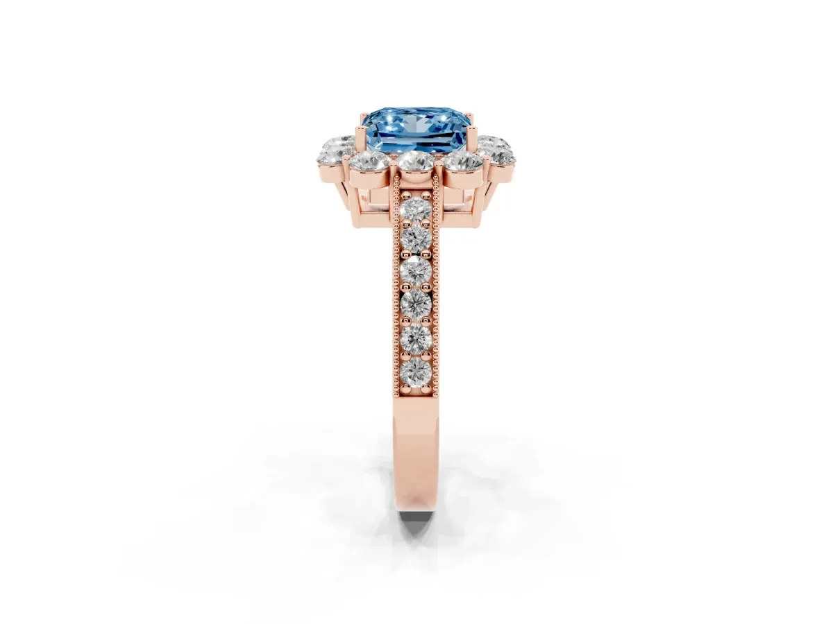 Fancy Blue Princess Cut Cut Halo Diamond Pavé Engagement Ring with Milgrain Detailing Rose gold
