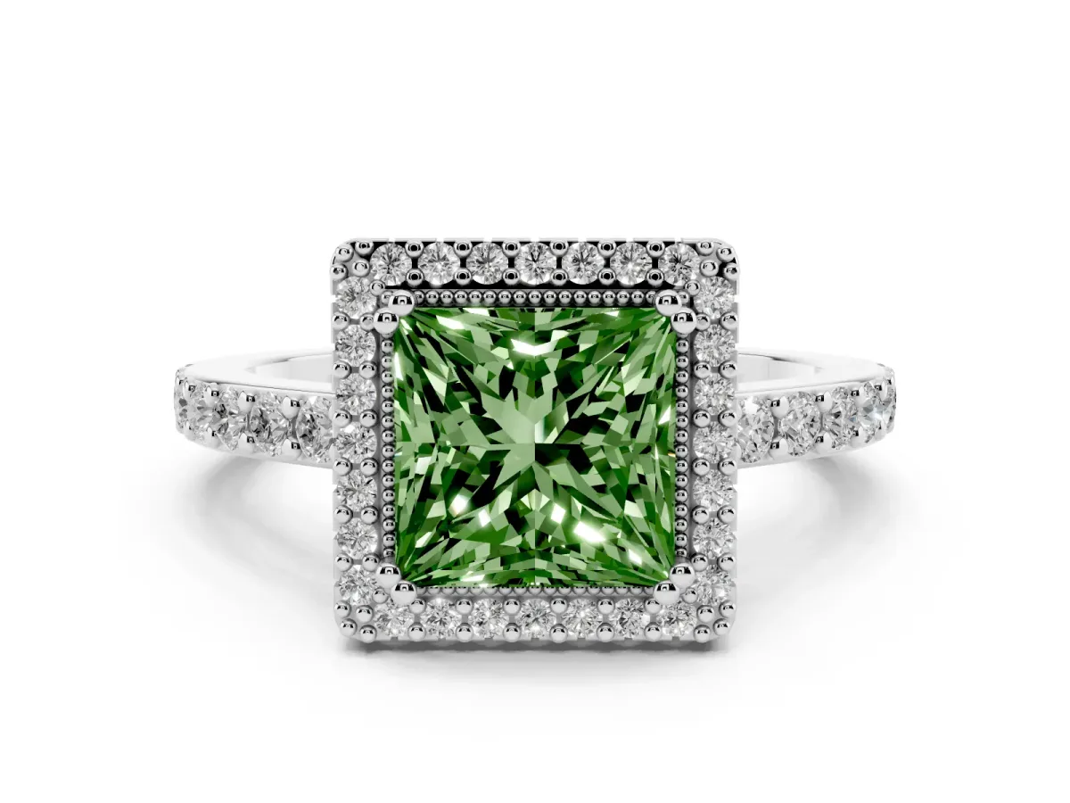 Fancy Green Princess Cut Cut Diamond Halo Engagement Ring with Milgrain Detail and Pavé Band Platinum