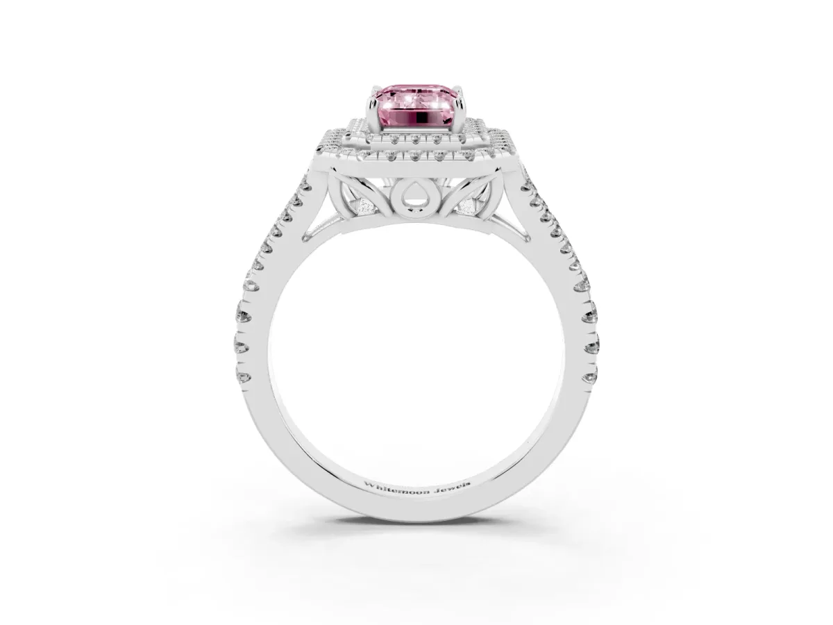 Fancy Pink Emerald Cut Diamond Double Halo Ring with Pavé Band and Prong Setting Silver