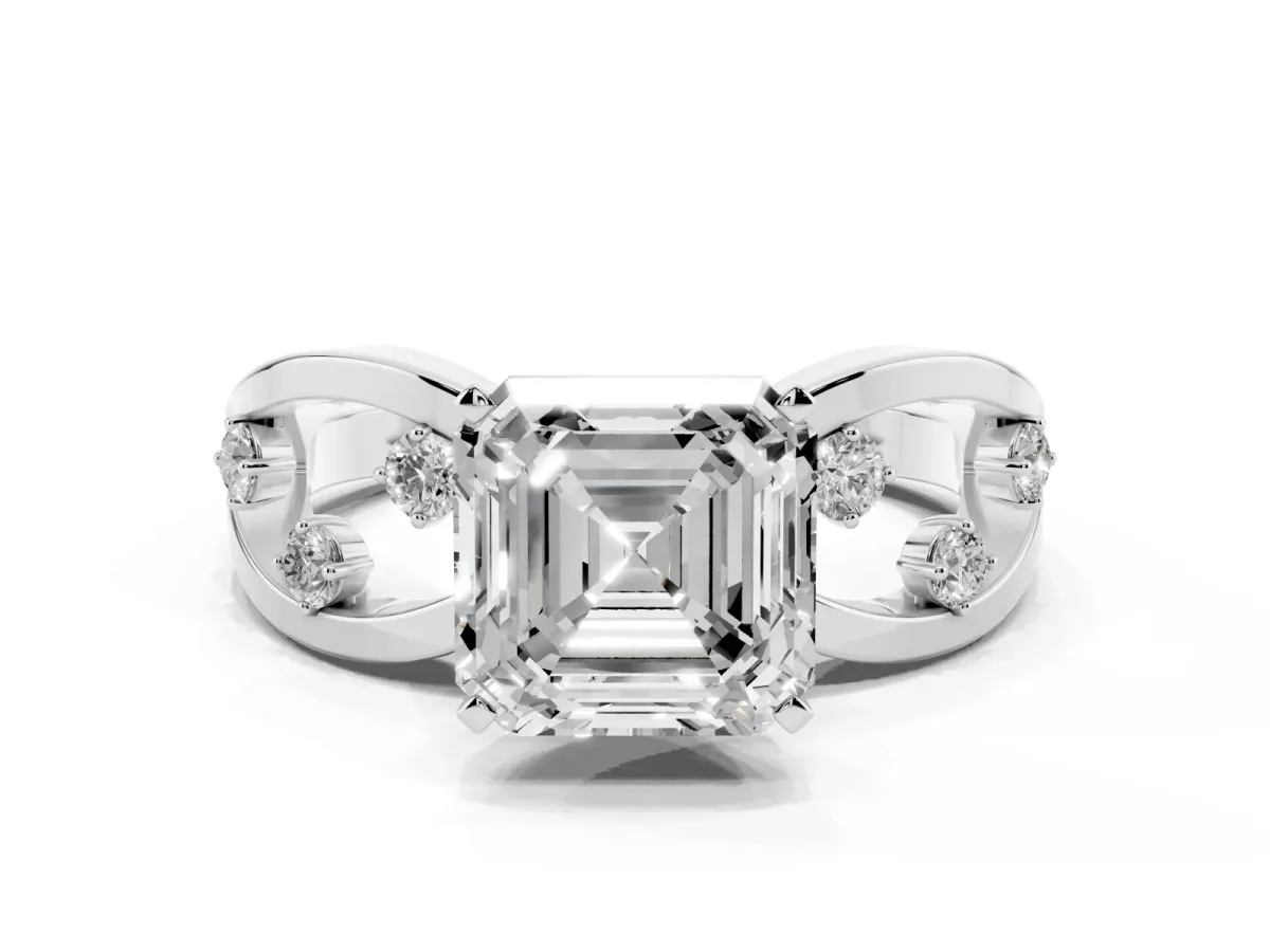 Asscher Cut Cut Solitaire Diamond with Side Stones on Criss-Cross Band and Four-Prong Setting Platinum