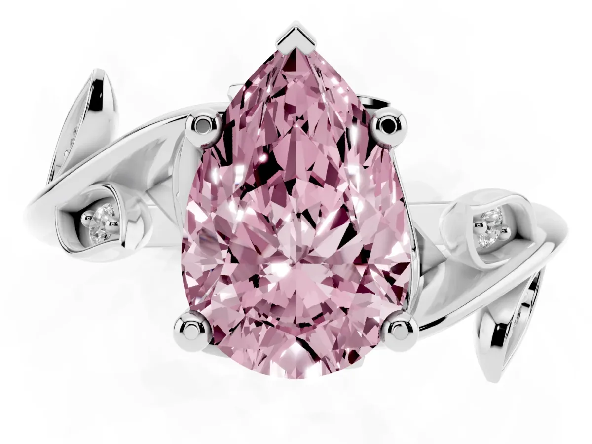 Fancy Pink Pear Cut Solitaire Twist Engagement Ring with Leaf Accents and Prong Setting Silver