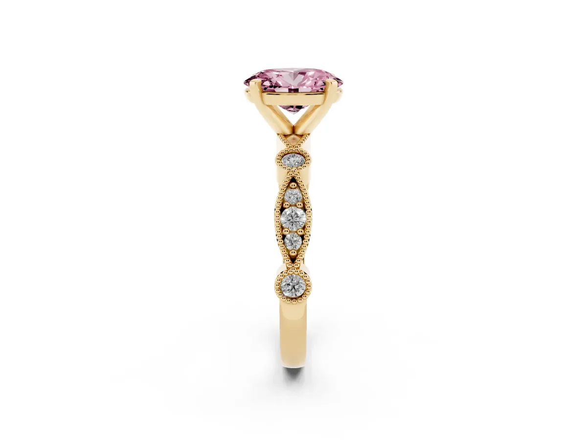 Fancy Pink Oval Cut Milgrain Bezel Diamond Engagement Ring with Solitaire Prong Setting Yellow gold