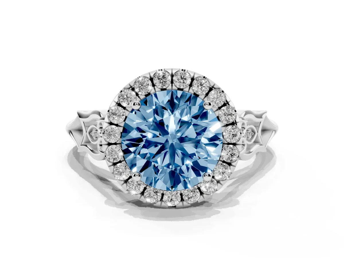 Fancy Blue Round Cut Halo Diamond Engagement Ring with Filigree Band and Four-Prong Setting White gold