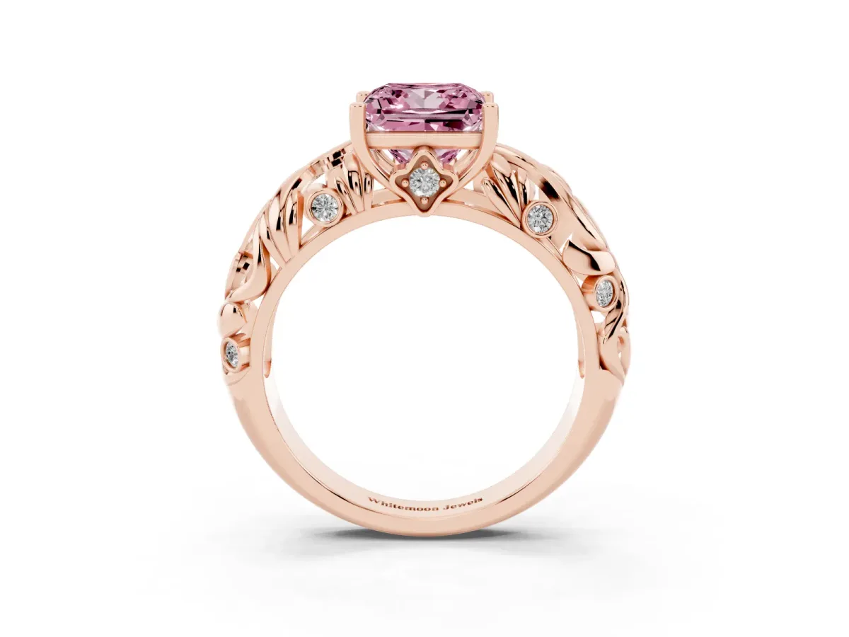 Fancy Pink Princess Cut Solitaire Diamond Leaf-Inspired Vine Band Ring with Prong Setting Rose gold