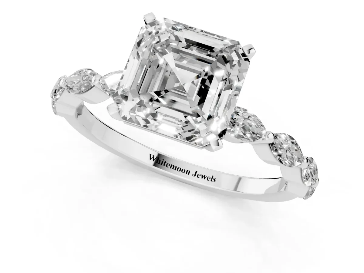 Asscher Cut Diamond Ring with Marquise Side Stones and Prong Setting Platinum