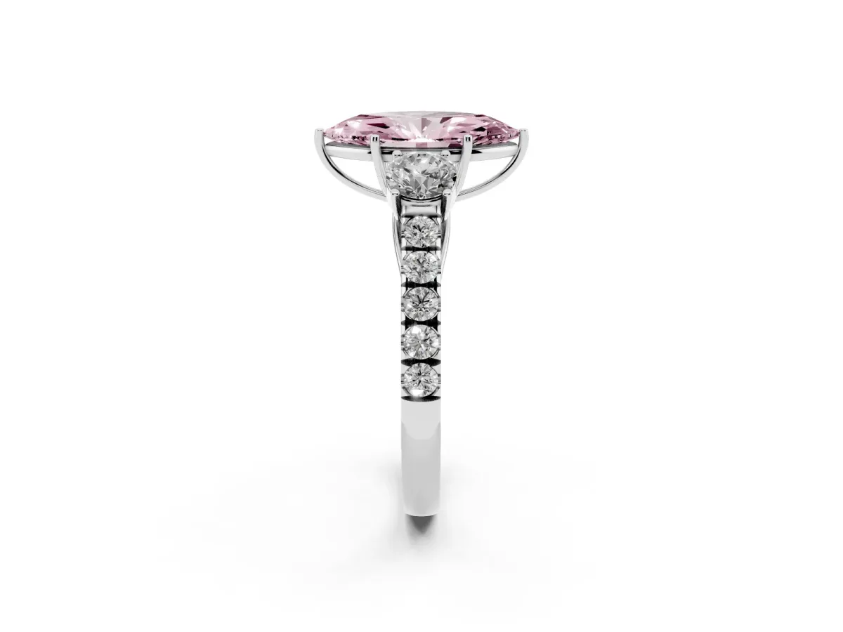 Fancy Pink Marquise Cut Cut Diamond Three-Stone Ring with Round Side Stones and Pavé Band White gold