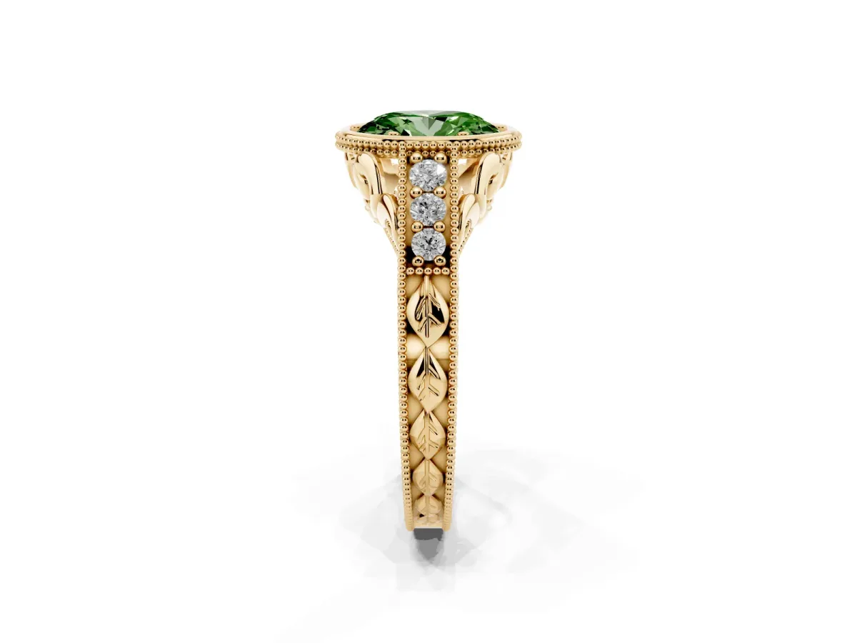 Fancy Green Bezel Set Oval Cut Diamond Milgrain Pave Engagement Ring Yellow gold