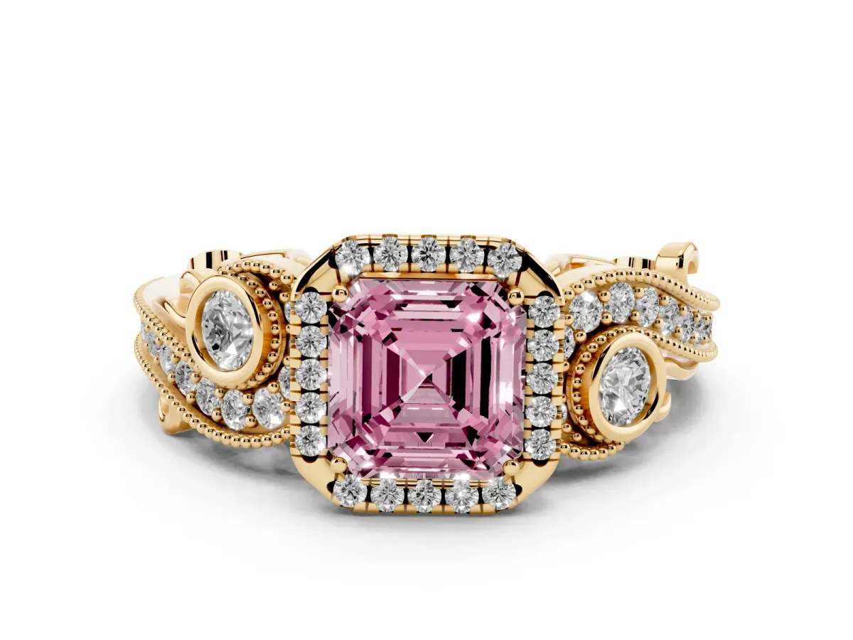 Fancy Pink Asscher Cut Diamond Halo Ring with Milgrain Pavé Band and Four-Prong Setting Yellow gold
