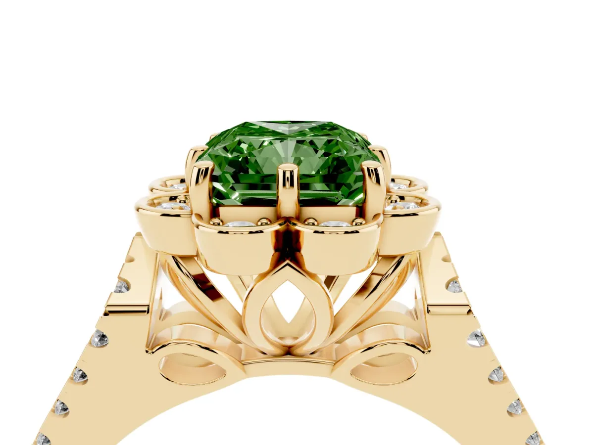 Fancy Green Radiant Cut Halo Diamond Floral Split Shank Engagement Ring Yellow gold