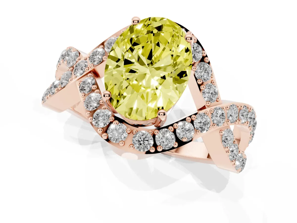 Fancy Yellow Oval Cut Solitaire Twist Band Pavé Diamond Engagement Ring Rose gold