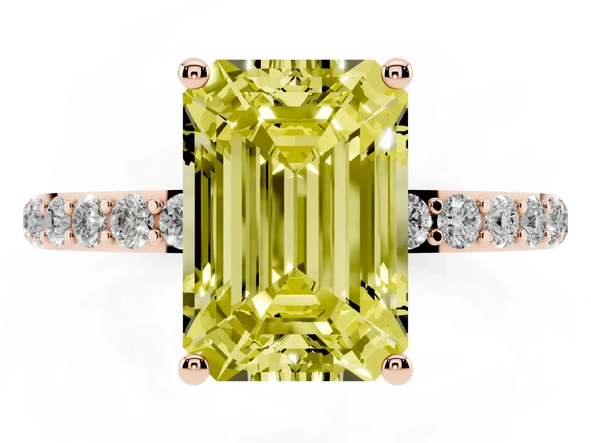 Fancy Yellow Emerald Cut Diamond Solitaire Ring with Round Pavé Shoulders and Prong Setting Rose gold