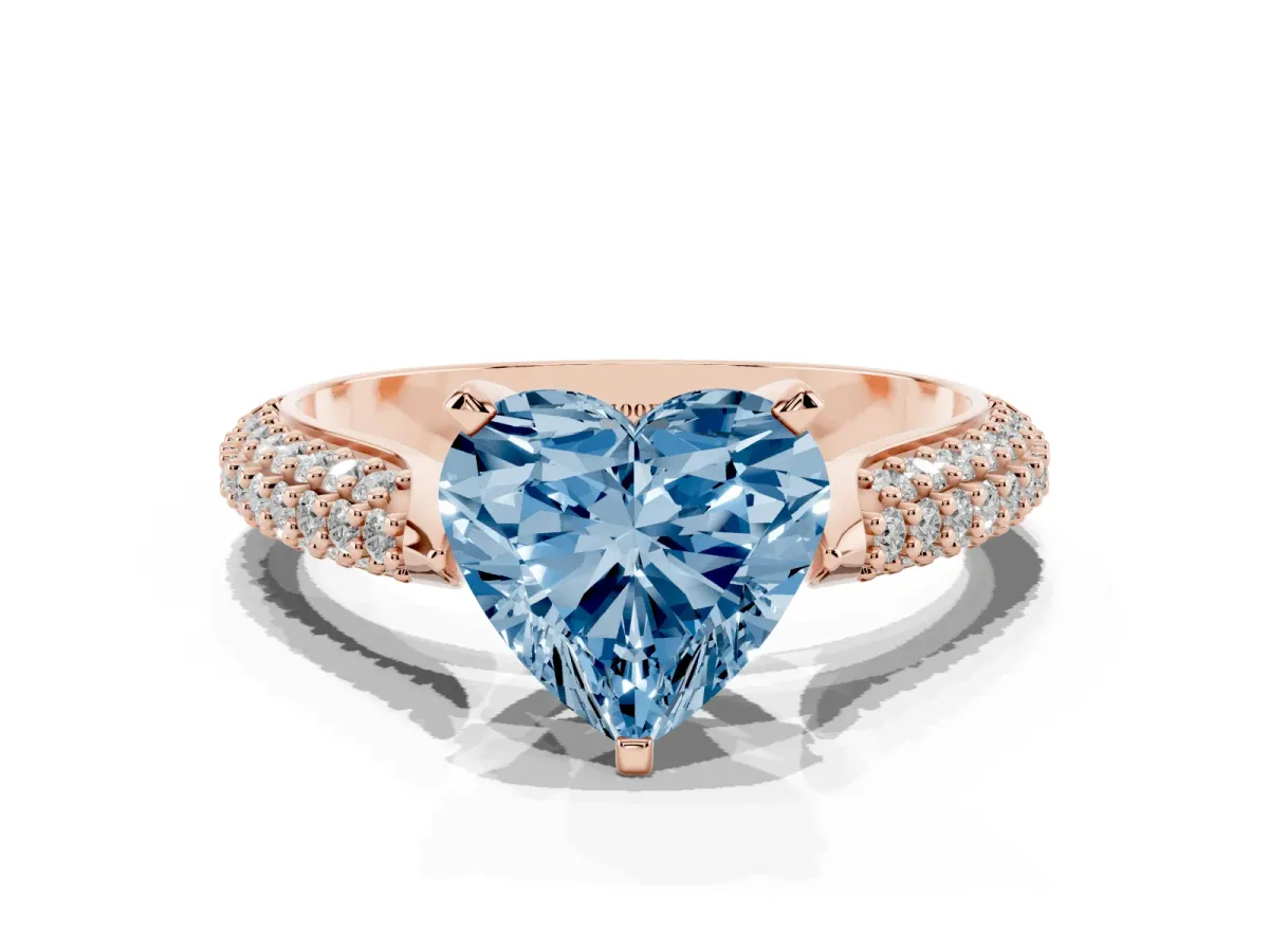 Fancy Blue Heart Cut Diamond Solitaire Engagement Ring with Multi-Row Round Pavé Band and Prong Setting Rose gold