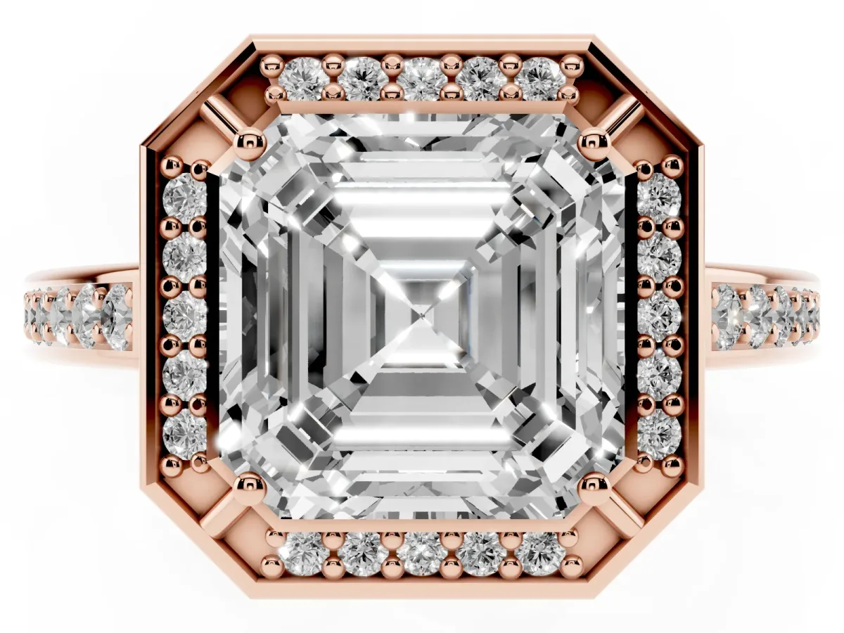 Asscher Cut Cut Halo Pave Split Shank Prong Setting Ring Rose gold
