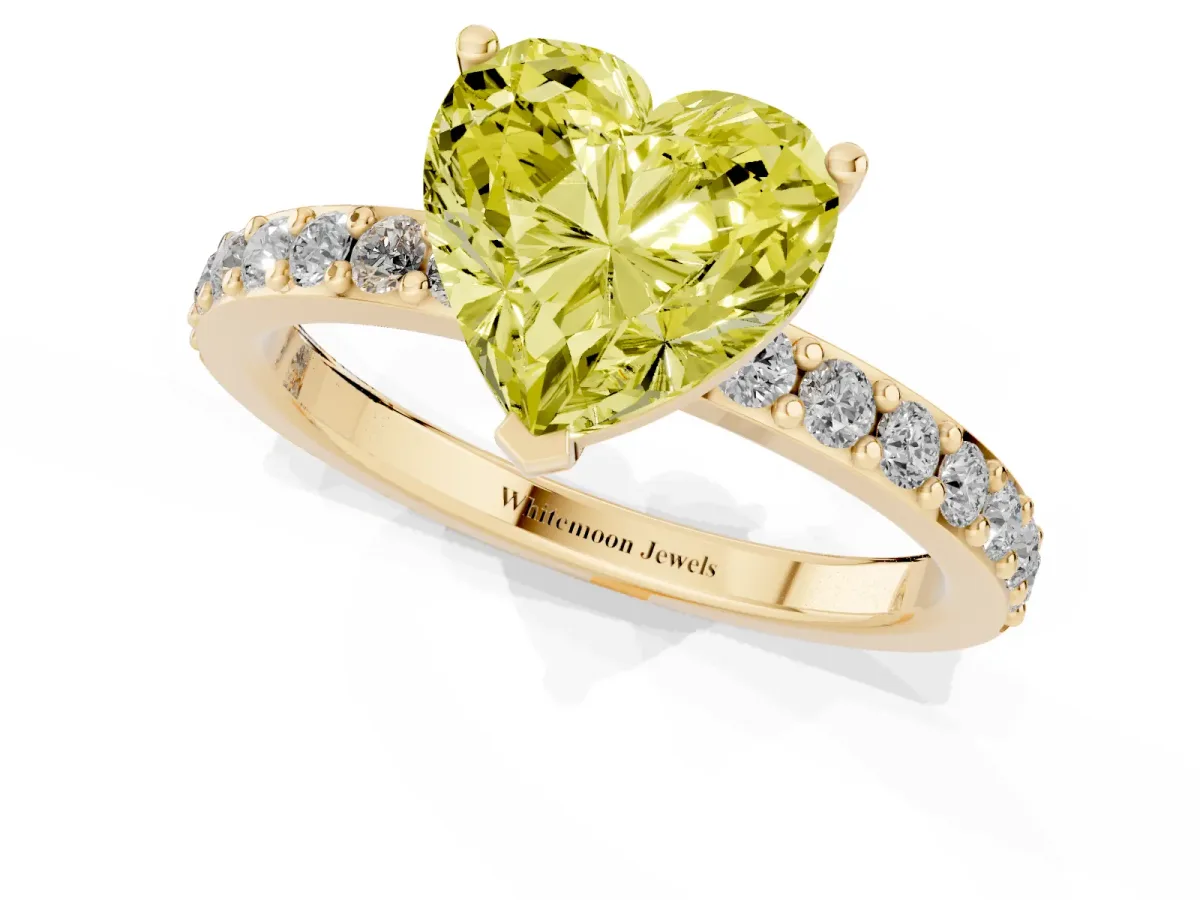Fancy Yellow Heart Cut Cut Diamond Solitaire with Pave Band and Four-Prong Setting Yellow gold