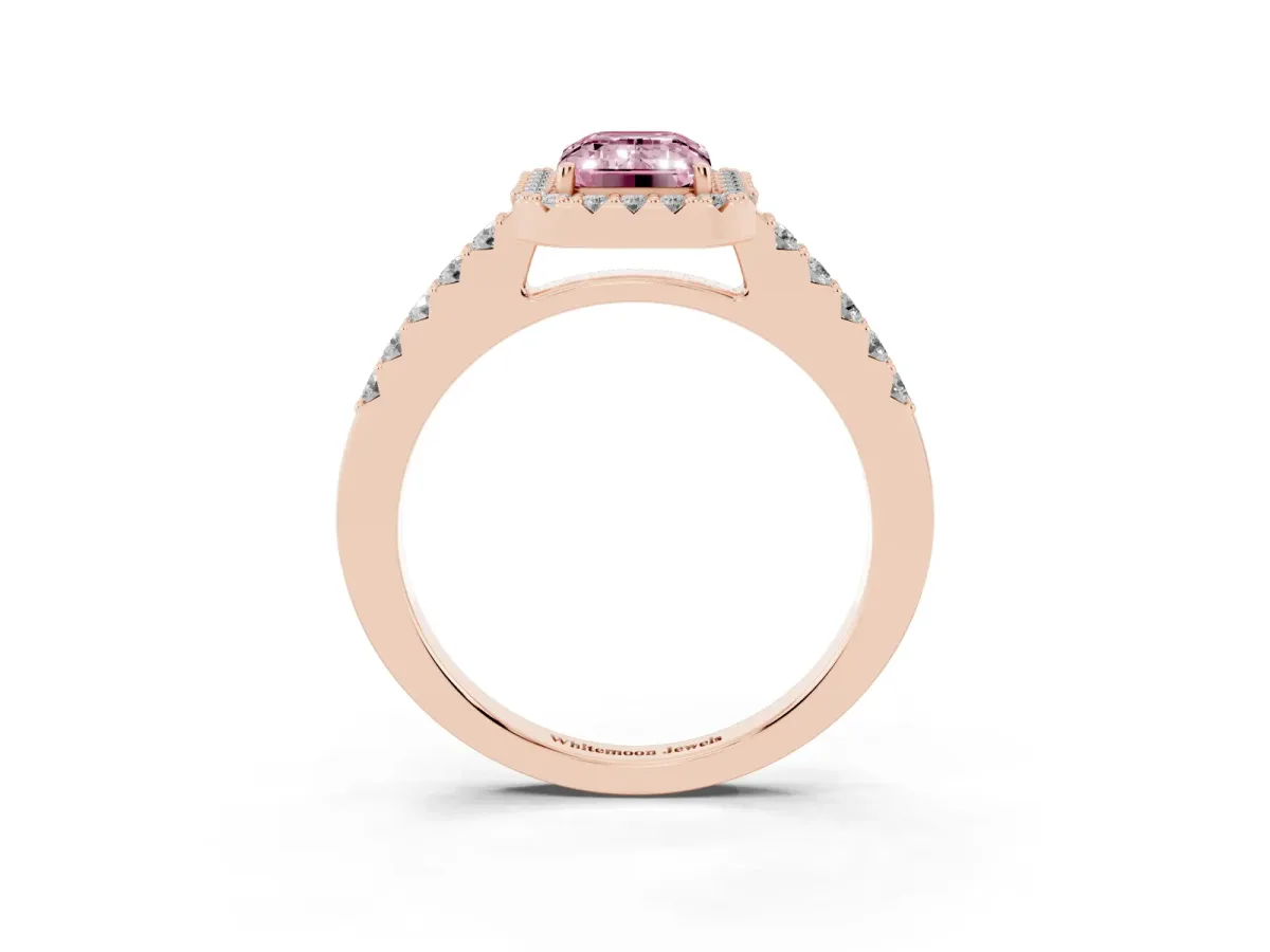 Fancy Pink Emerald Cut Halo Diamond Pavé Solitaire Ring Rose gold
