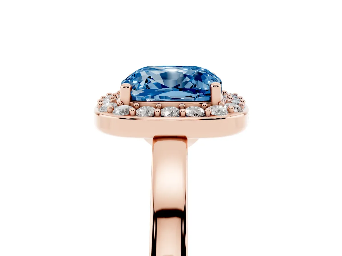 Fancy Blue Cushion Cut Halo Diamond Ring with Solitaire Band and Prong Setting Rose gold