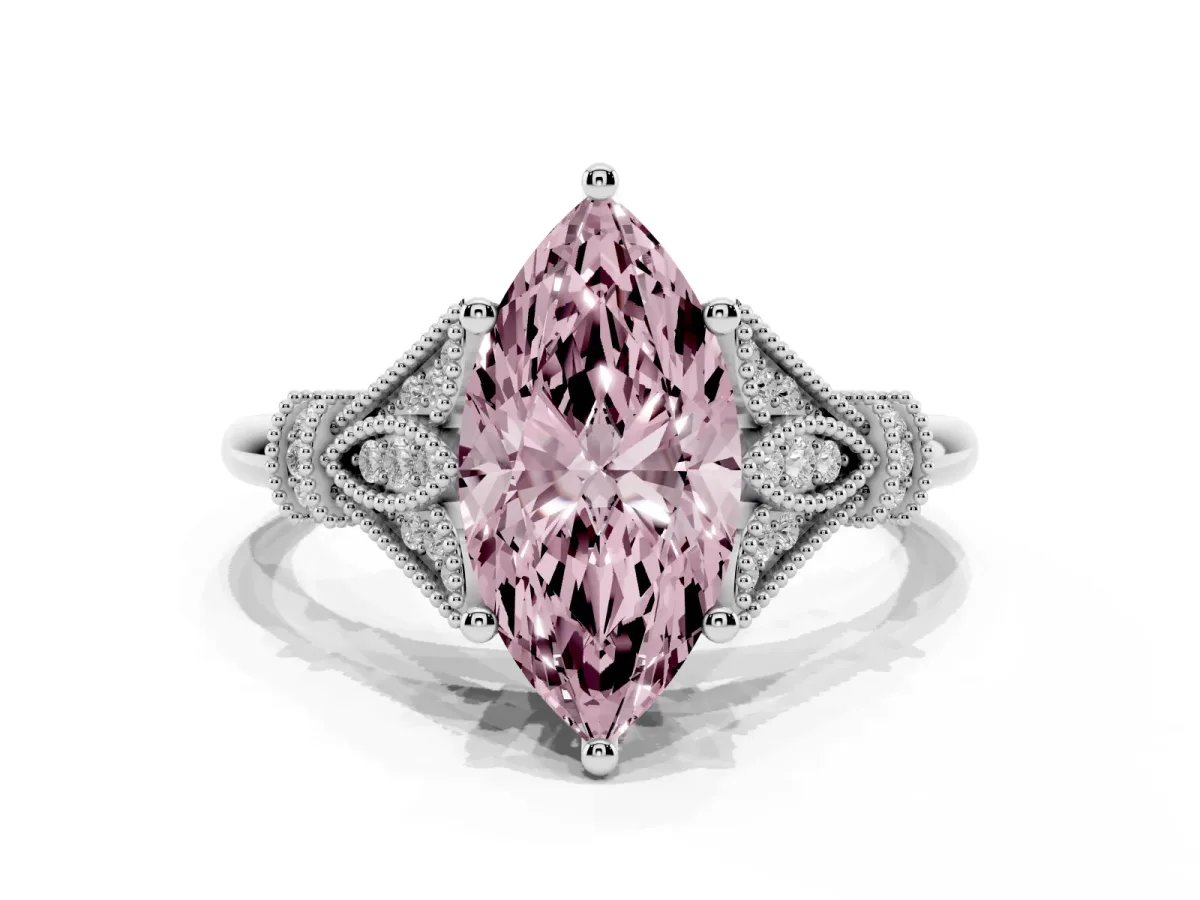 Fancy Pink Marquise Cut Diamond Solitaire Ring with Floral Filigree and Pave Accents Platinum