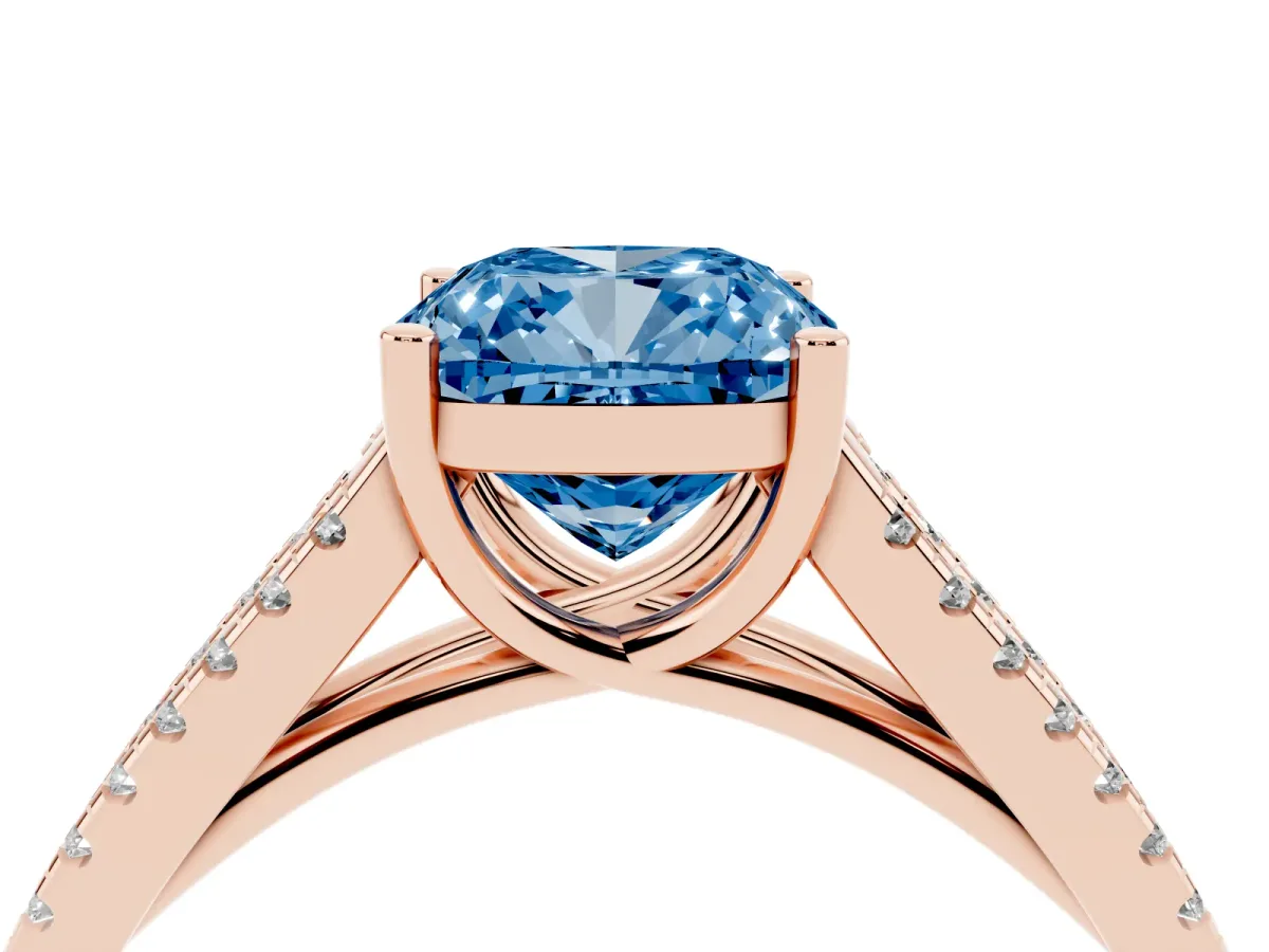Fancy Blue Cushion Cut Diamond Solitaire Engagement Ring with Split Shank Pavé Band Rose gold