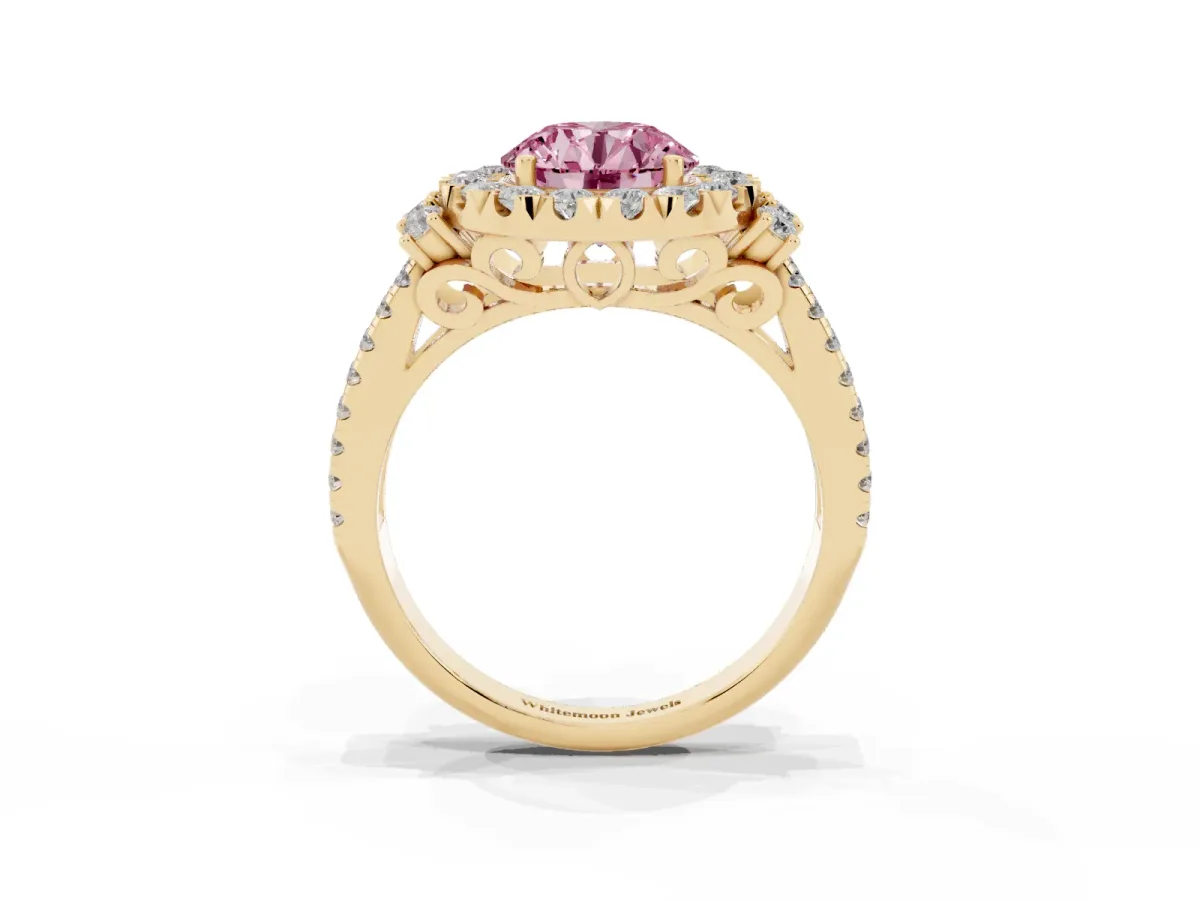 Fancy Pink Round Cut Cut Double Halo Diamond Engagement Ring with Pave Band and Four-Prong Setting Yellow gold