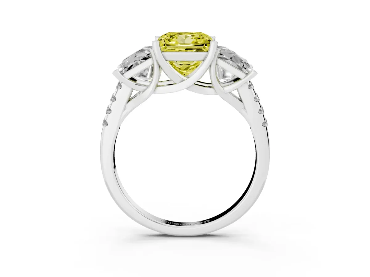 Fancy Yellow Three-Stone Princess Cut Diamond Ring with Round Pavé Band and Prong Setting Silver