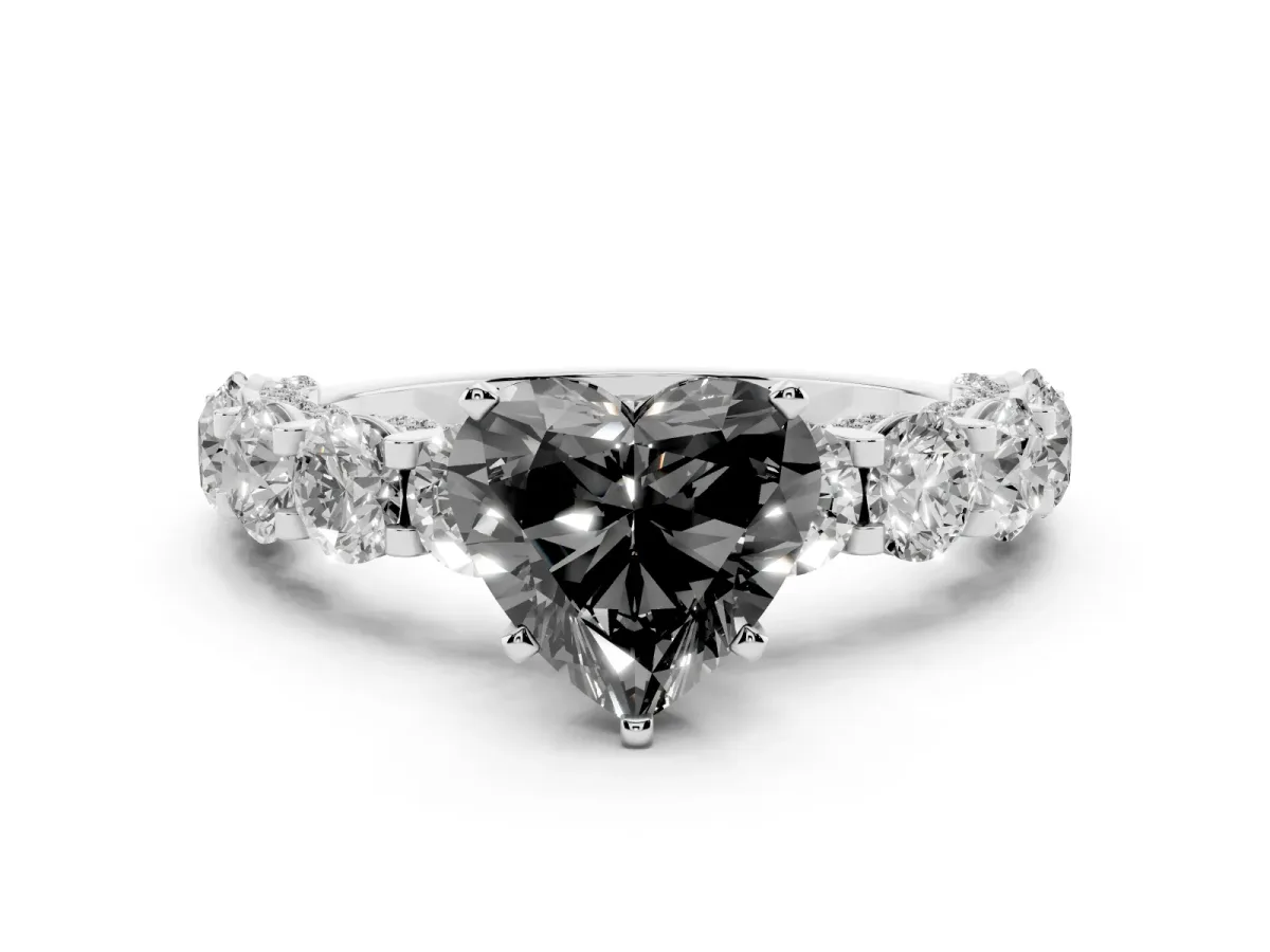 Fancy Black Heart Cut Diamond Side Stone Engagement Ring with Four-Prong Setting Silver
