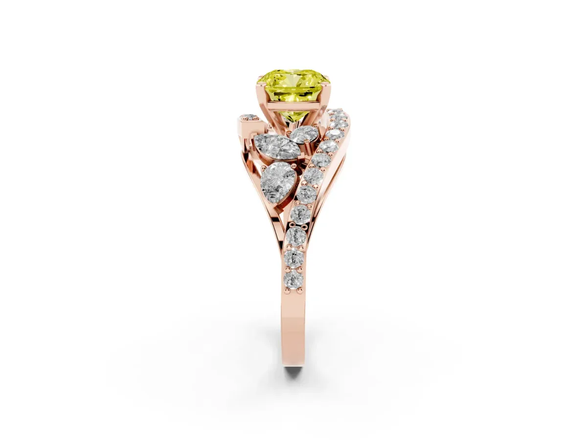 Fancy Yellow Cushion Cut Diamond Halo Ring with Marquise and Pavé Band in Prong Setting Rose gold