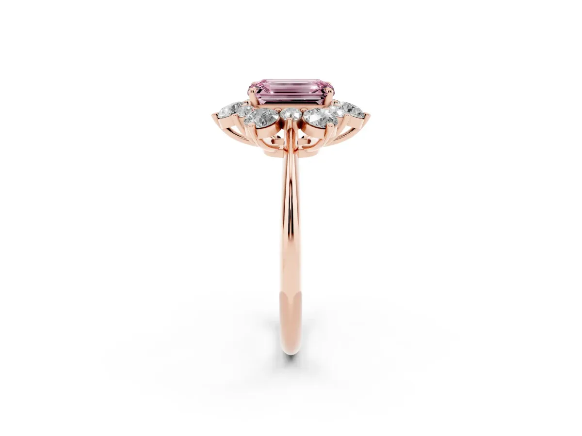 Fancy Pink Emerald Cut Diamond Cluster Halo Ring with Solitaire Band and Four-Prong Setting Rose gold
