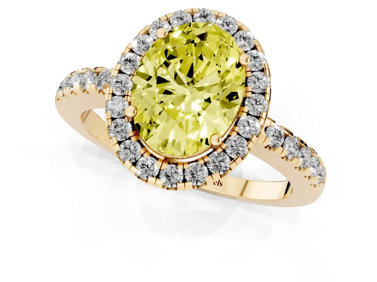 Fancy Yellow Oval Cut Halo Diamond Engagement Ring with Pavé Band and Four-Prong Setting Yellow gold