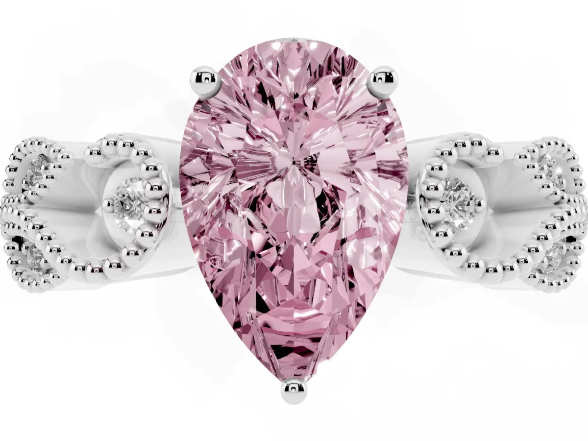 Fancy Pink Pear Cut Solitaire Milgrain Leaf Band with Prong Setting White gold