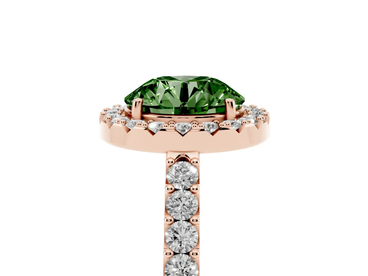 Fancy Green Round Cut Halo Diamond Pavé Solitaire Ring Rose gold