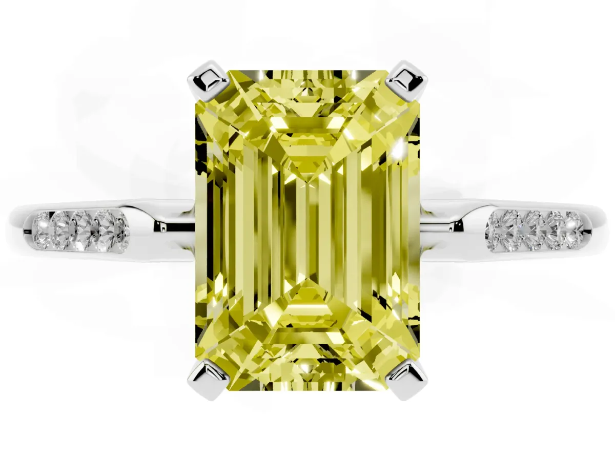 Fancy Yellow Emerald Cut Diamond Solitaire Ring with Channel Set Round Band and Prong Setting Silver