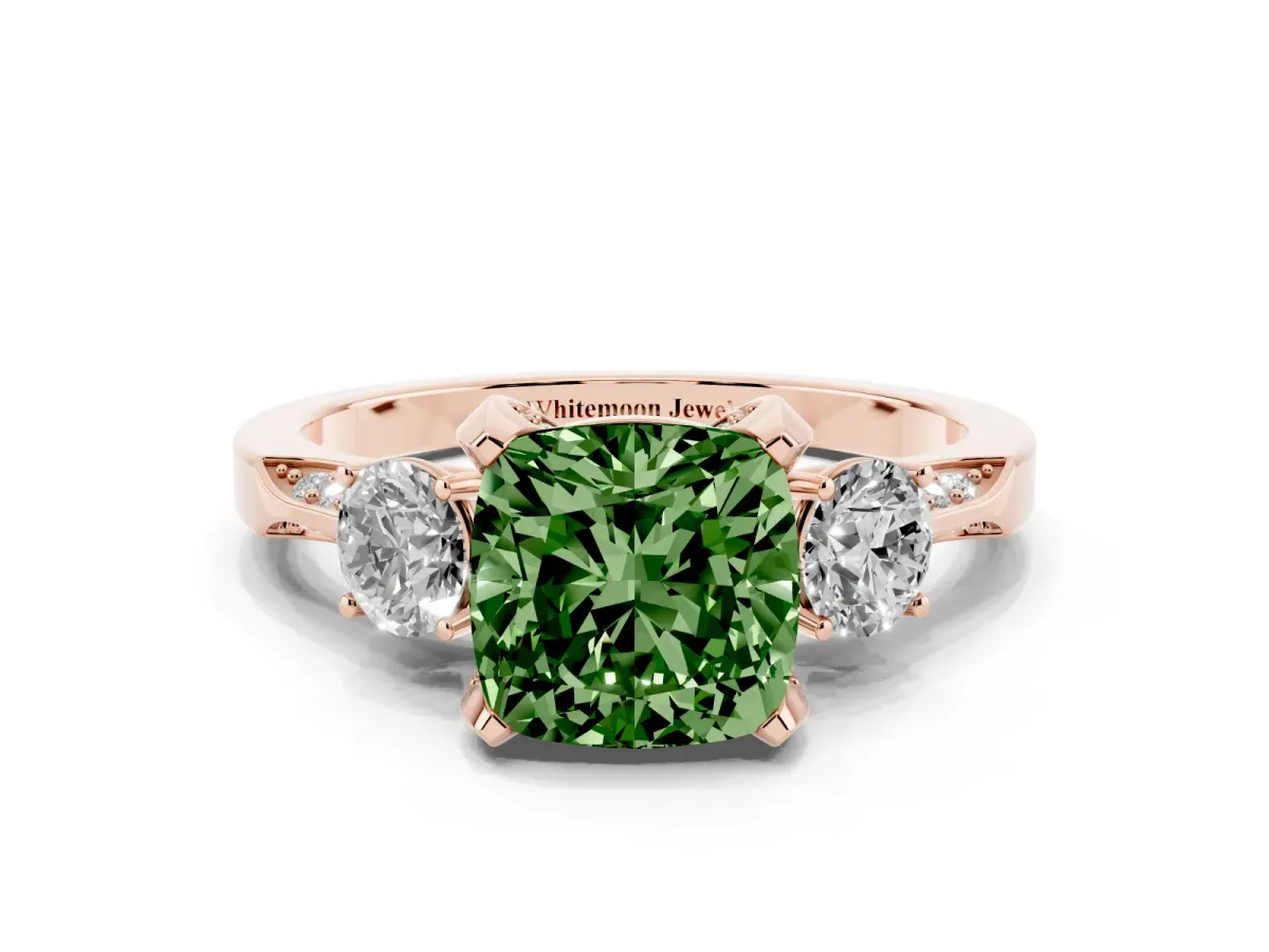 Fancy Green Cushion Cut Brilliant Three-Stone Diamond Ring with Pavé Band and Four-Prong Setting Rose gold