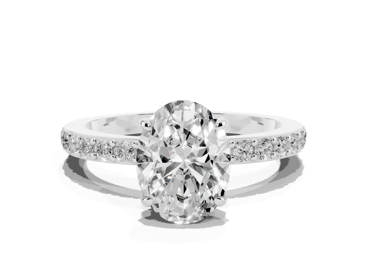 Oval Cut Diamond Pavé Engagement Ring with Round Accents and Prong Setting Silver
