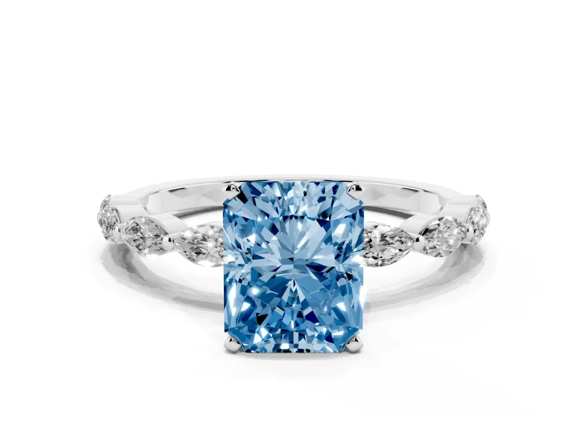 Fancy Blue Radiant Cut Diamond Ring with Marquise Side Stones and Prong Setting Platinum
