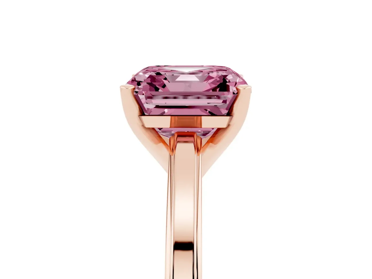 Fancy Pink Asscher Cut Solitaire Diamond Ring with Four-Prong Setting and Classic Band Rose gold