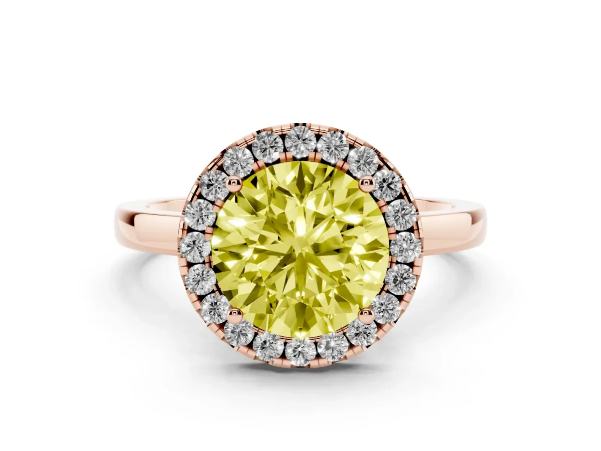 Fancy Yellow Round Cut Halo Diamond Solitaire with Pavé Band and Four-Prong Setting Rose gold