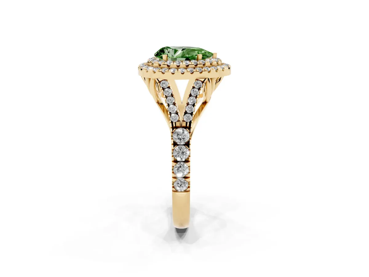 Fancy Green Pear Cut Cut Double Halo Split Shank Diamond Ring with Prong Setting Yellow gold