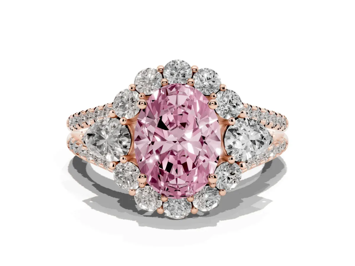 Fancy Pink Oval Cut Halo Split Shank Diamond Engagement Ring with Prong Setting Rose gold