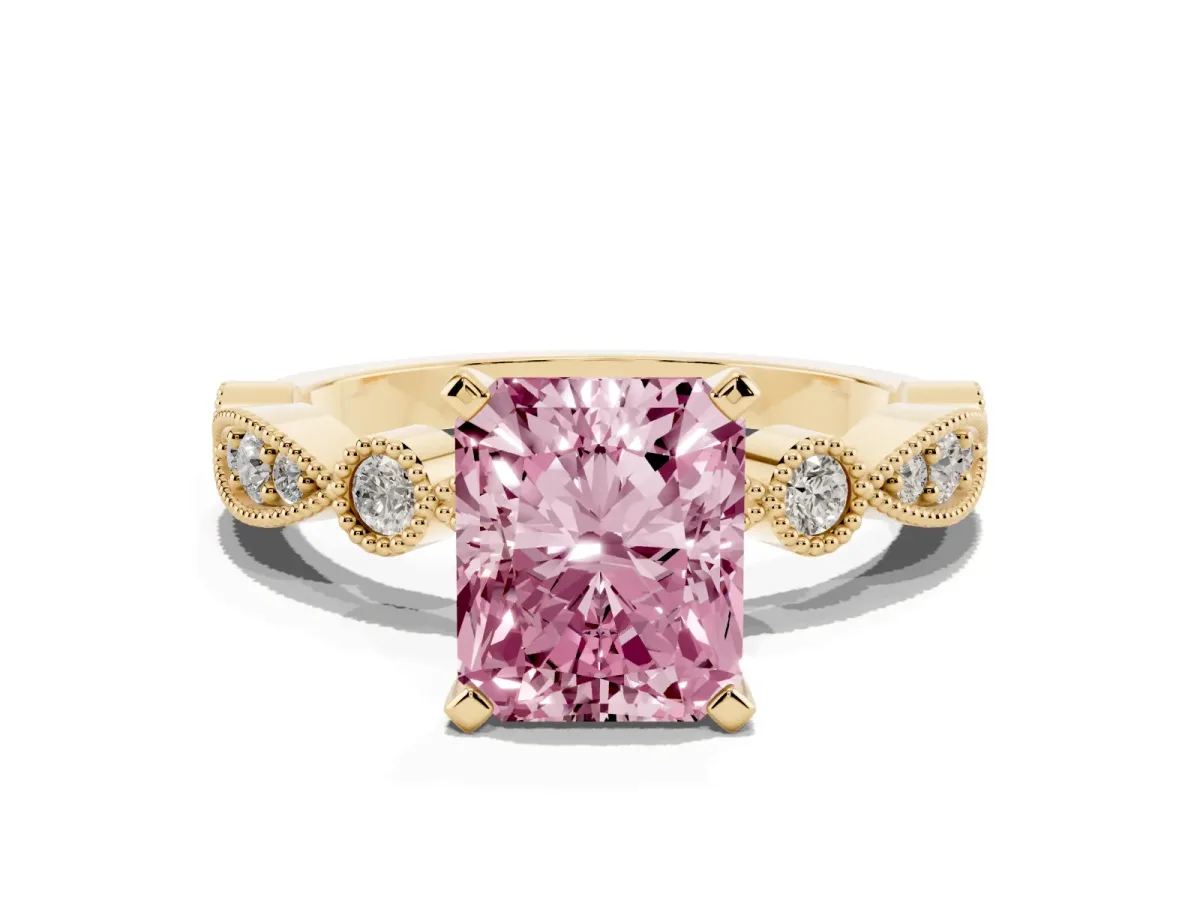 Fancy Pink Radiant Cut Milgrain Bezel Diamond Engagement Ring with Solitaire Prong Setting Yellow gold