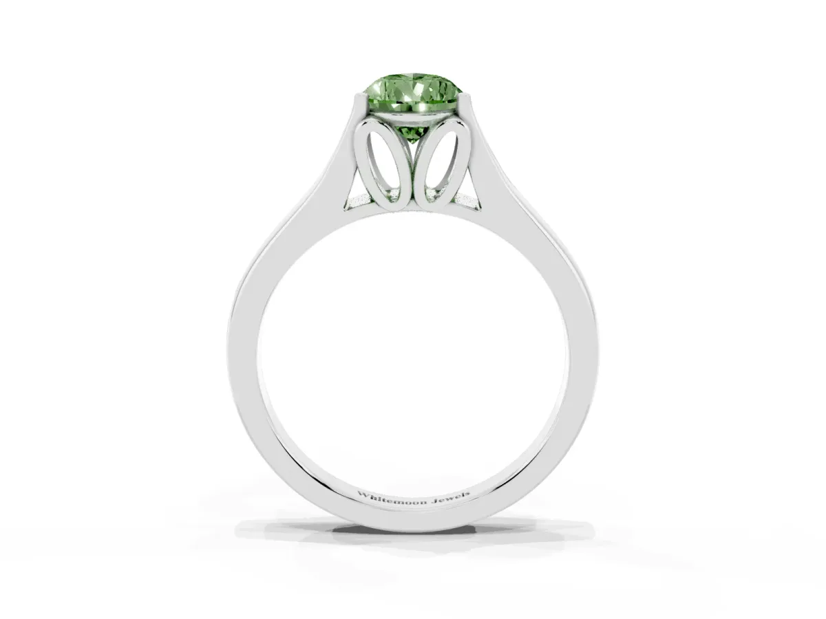Fancy Green Pear Cut Solitaire Diamond Ring with Cathedral Band and Four-Prong Setting Silver