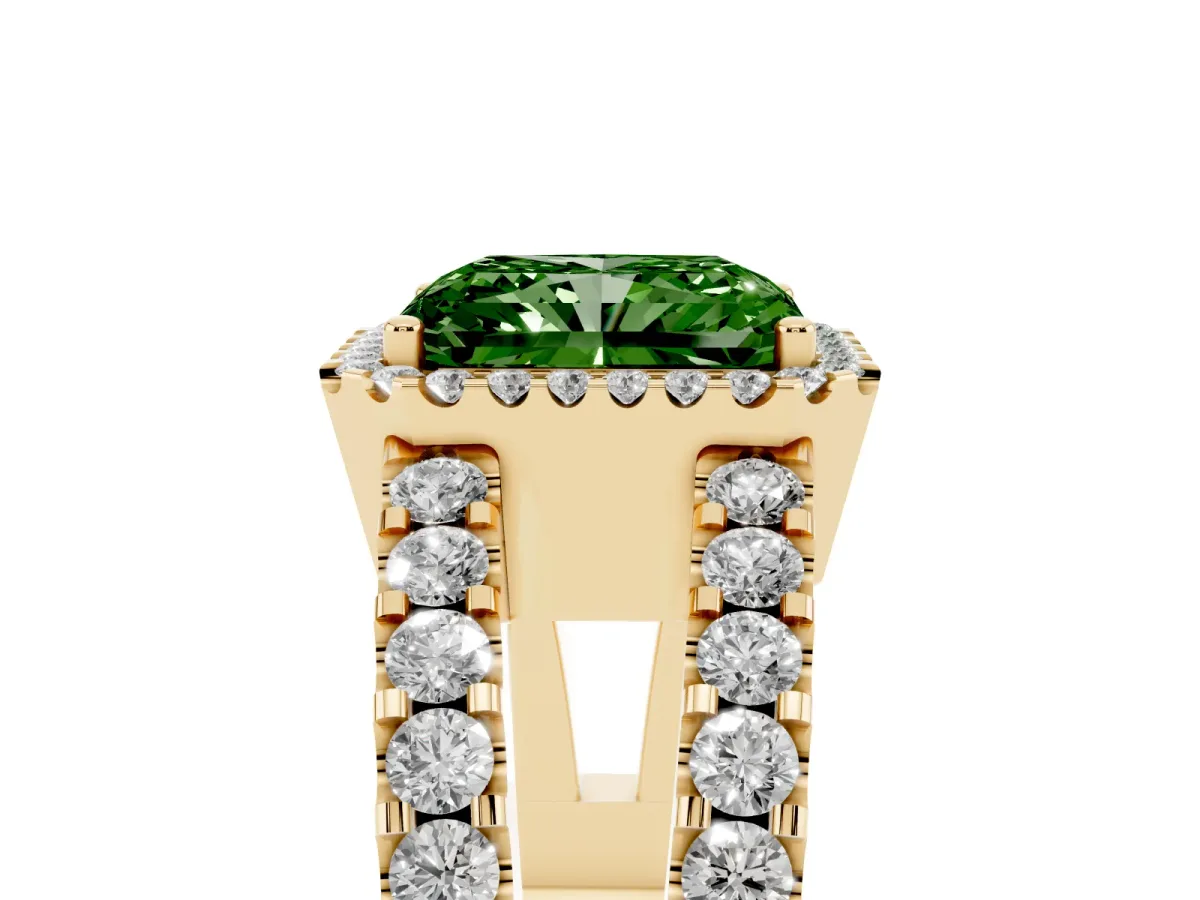Fancy Green Radiant Cut Cut Halo Split Shank Diamond Ring with Four-Prong Setting Yellow gold