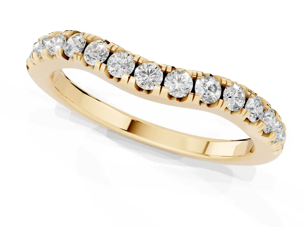 Round Diamond Curved Pavé Wedding Band with Shared Prong Setting Yellow gold