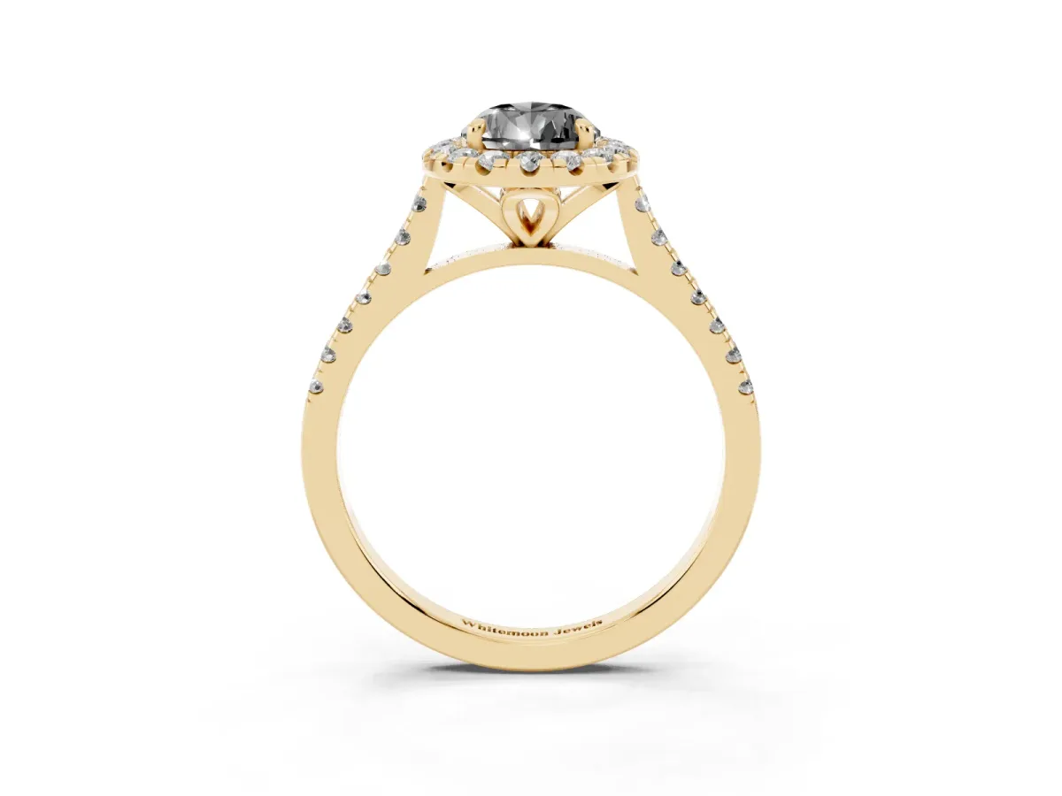 Fancy Black Pear Cut Diamond Cushion Halo Ring with Pavé Band Yellow gold