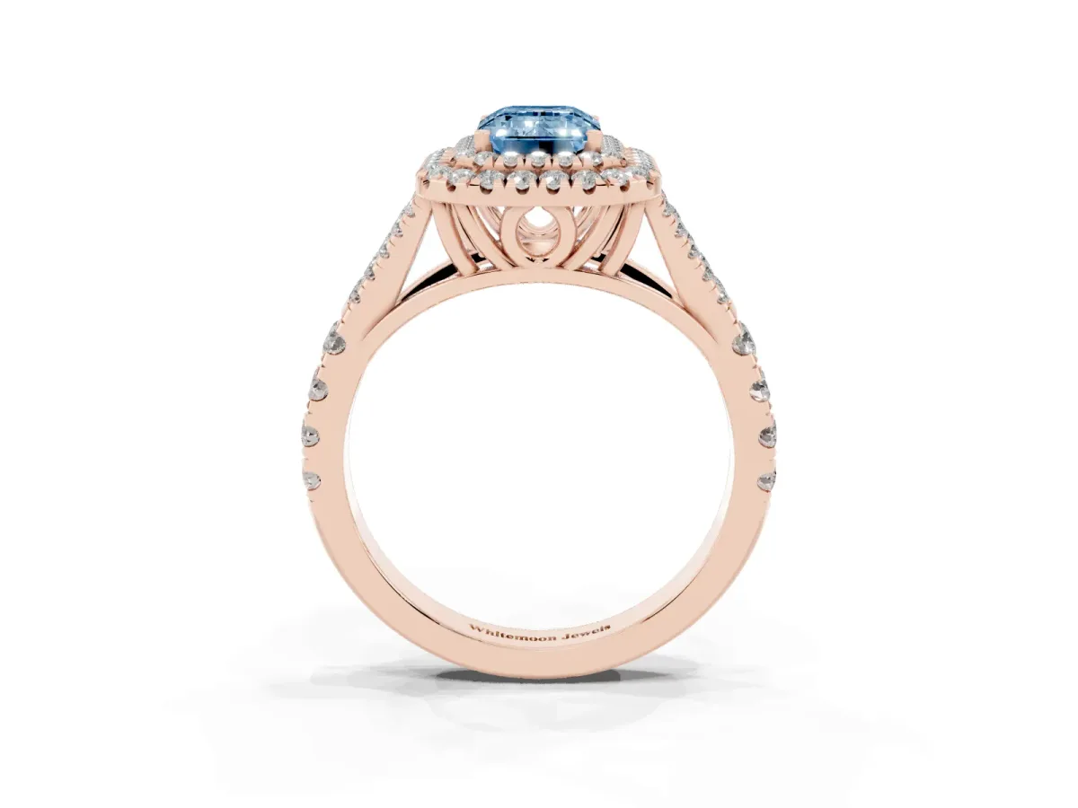 Fancy Blue Emerald Cut Diamond Pavé Split Shank Double Halo Engagement Ring Rose gold