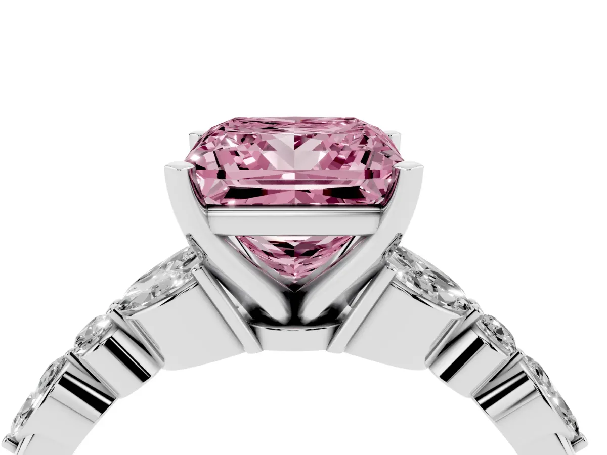 Fancy Pink Princess Cut Diamond Solitaire Ring with Side Stones and Four-Prong Setting Silver