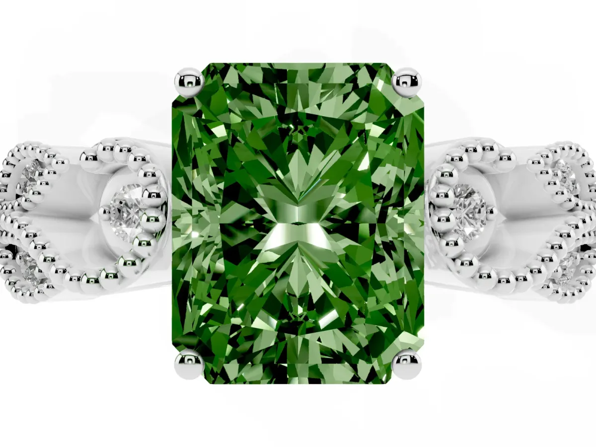 Fancy Green Princess Cut Solitaire Milgrain Leaf Band with Prong Setting Silver