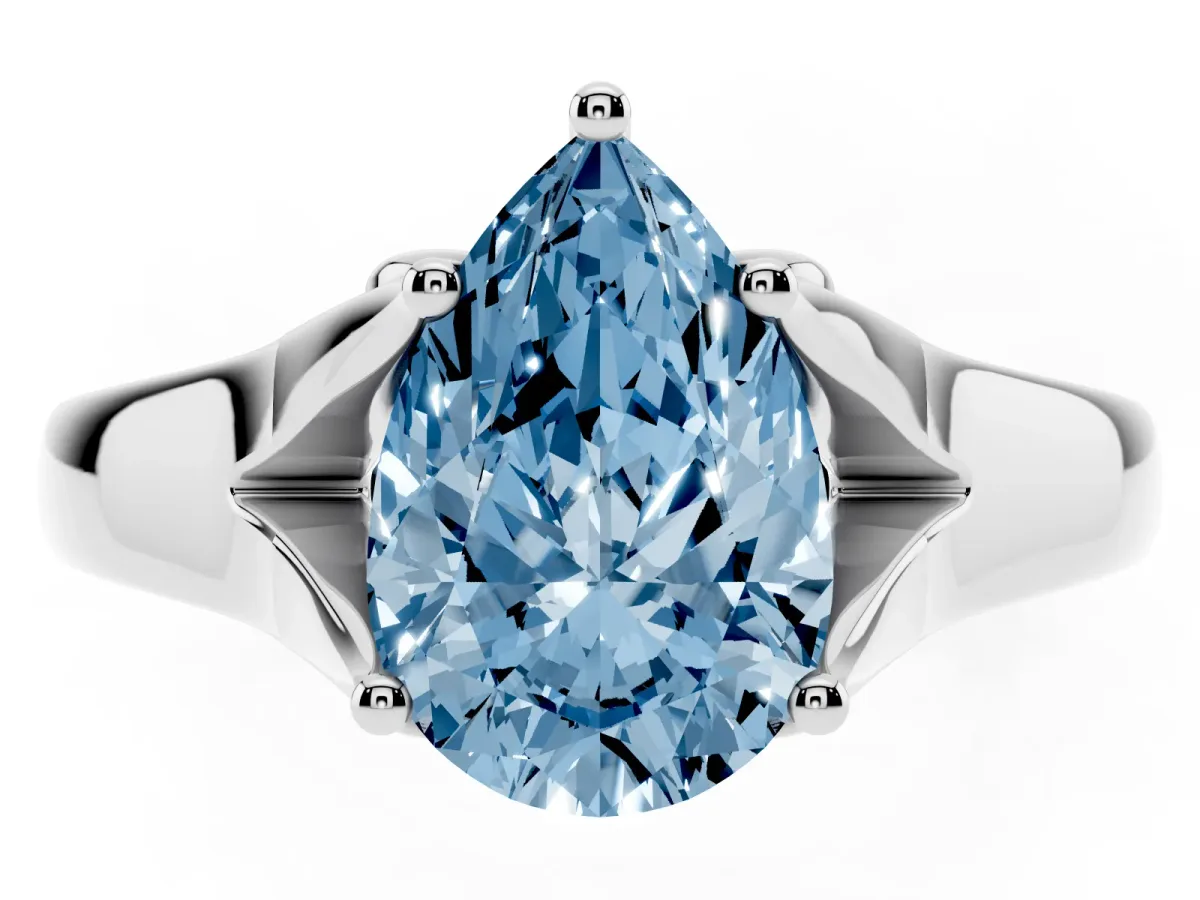 Fancy Blue Pear Cut Solitaire Diamond Ring with Cathedral Band and Four-Prong Setting Platinum